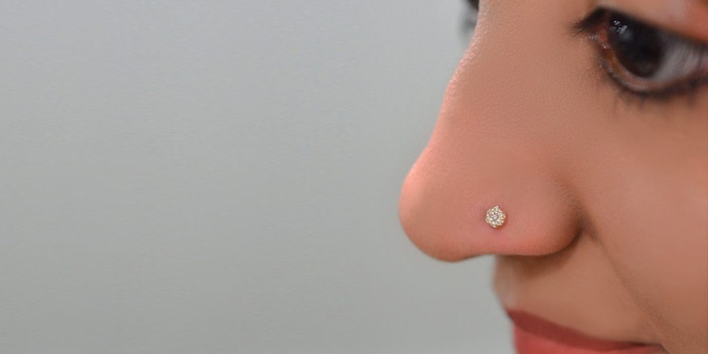 Designer Golden PINK Diamond Floral nose ring or Nose Pin - SHREEVARAM -  3447999