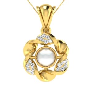 Gold floral pendant featuring a pearl and diamond accents by DishiS Designer Jewellery