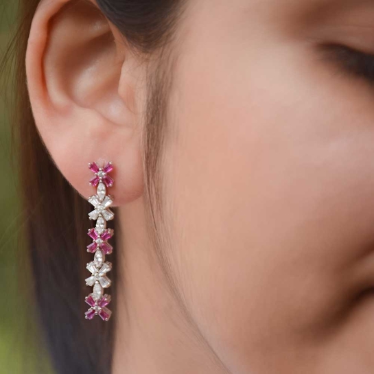 925 Sterling Silver Long Pink Drop Earrings