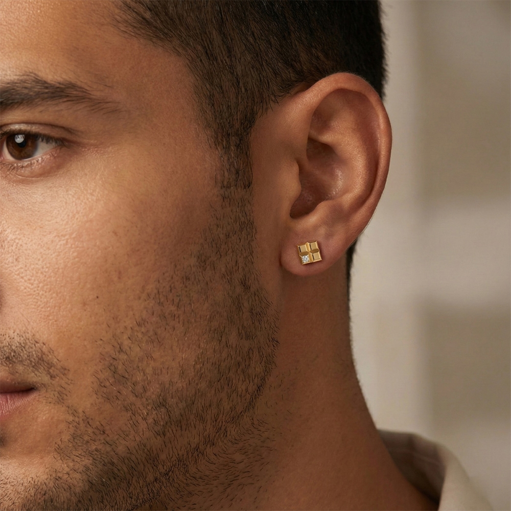 Golden Square Diamond Earrings For Men's
