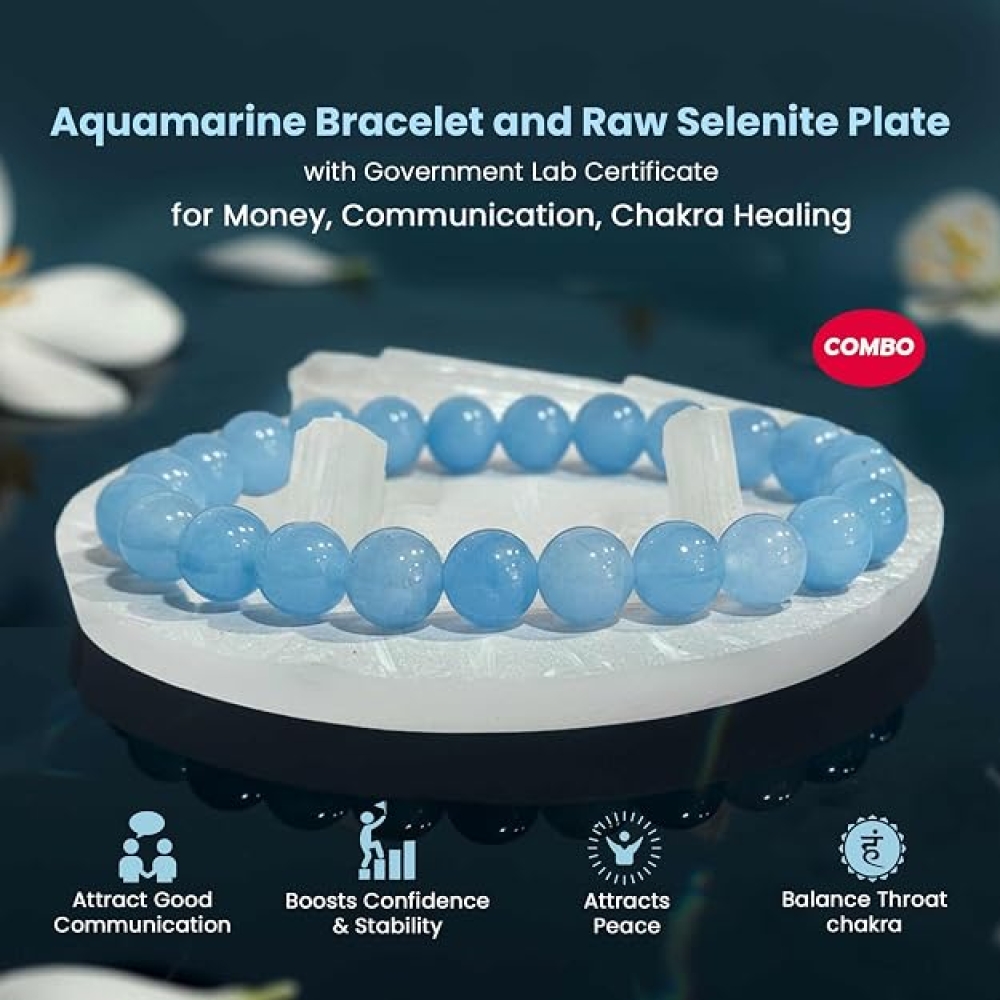 Aquamarine Bracelet with Selenite Plate | Natural Crystal Bracelet for Calm, Communication & Energy Cleansing