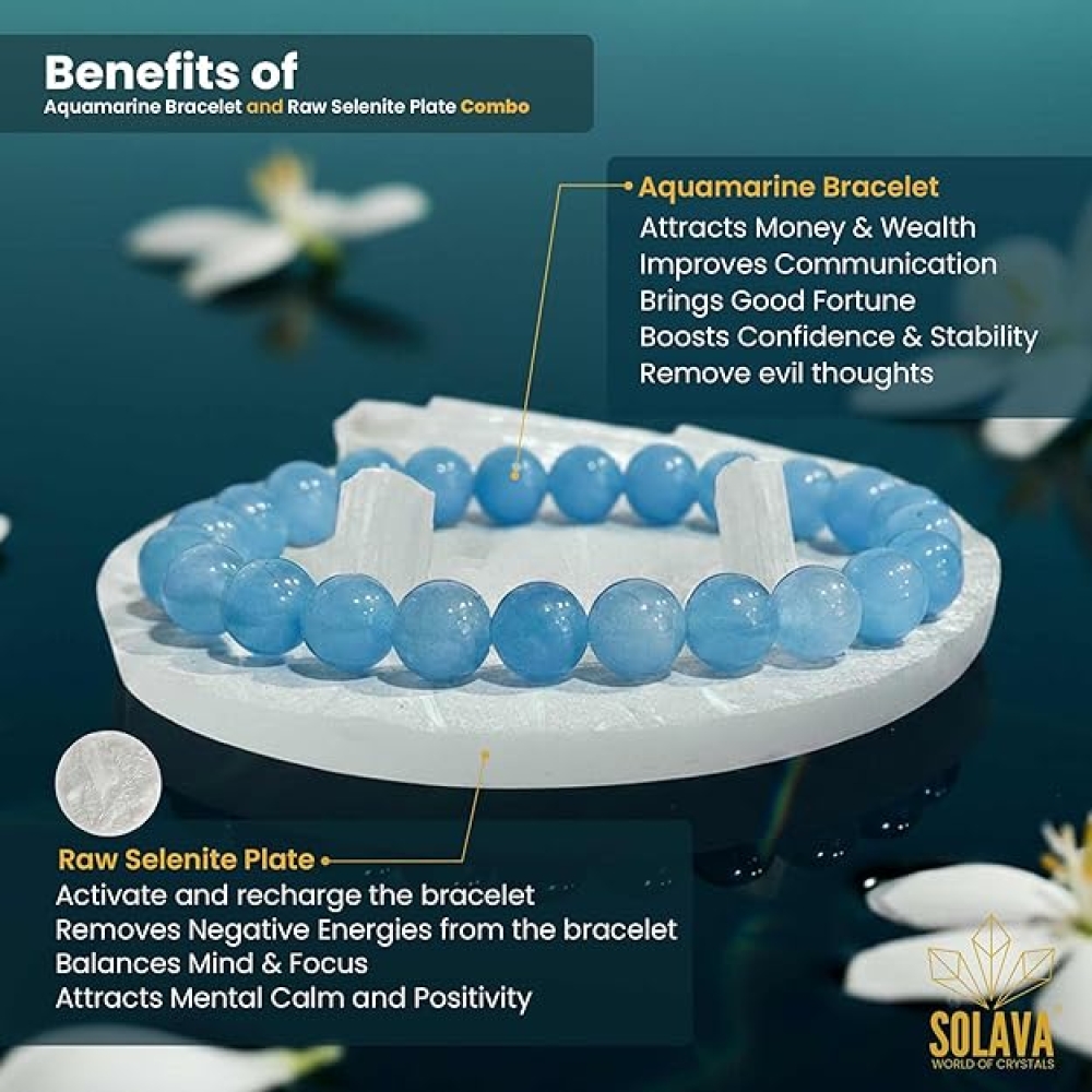 Aquamarine Bracelet with Selenite Plate | Natural Crystal Bracelet for Calm, Communication & Energy Cleansing