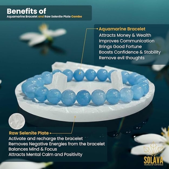 Aquamarine Bracelet with Selenite Plate | Natural Crystal Bracelet for Calm, Communication & Energy Cleansing