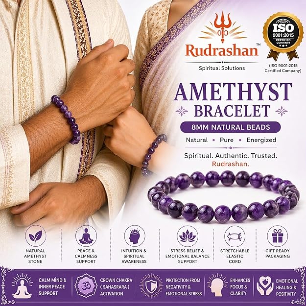 Rudrashan Amethyst Bracelet 8mm – Natural Healing Crystal Bracelet for Stress Relief, Peace, Protection & Meditation