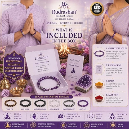 Rudrashan Amethyst Bracelet 8mm – Natural Healing Crystal Bracelet for Stress Relief, Peace, Protection & Meditation