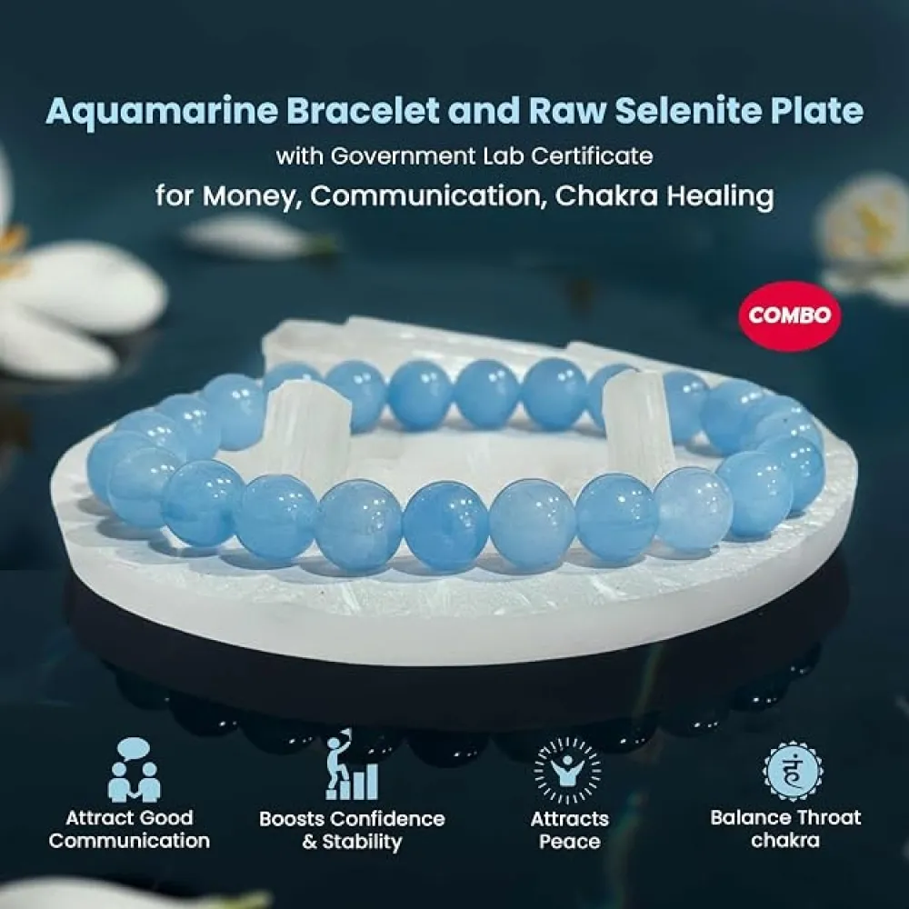 Aquamarine Bracelet with Selenite Plate | Natural Crystal Bracelet for Calm, Communication & Energy Cleansing